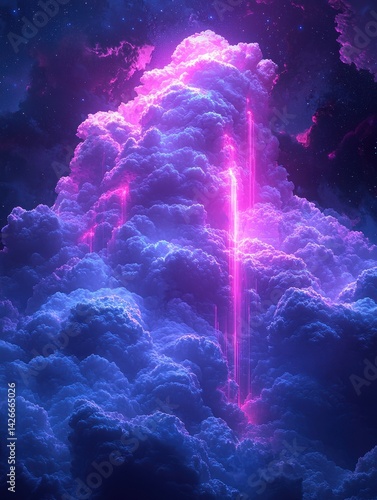 Obraz na płótnie Dreamlike Clouds with Glowing Light Beams and Starry Sky Background w salonie