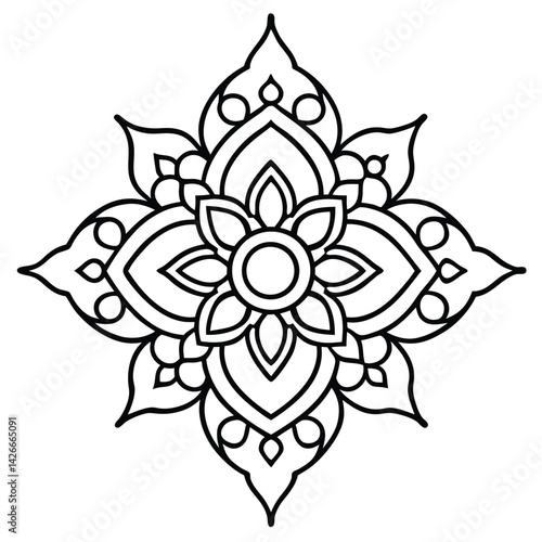 A black-and-white mandala with intricate floral patterns and symmetrical designs.