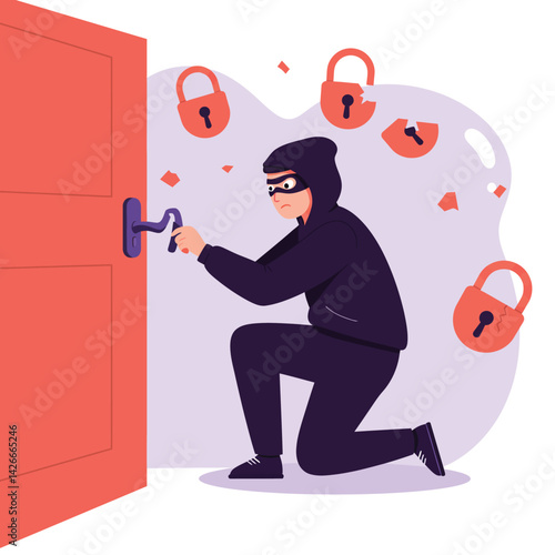 Burglar in black clothes picking lock on red door with padlock icons around vector illustration 