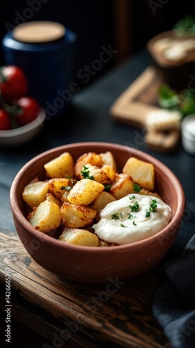Crispy patatas bravas, golden-brown potato cubes. Served in a rustic clay dish