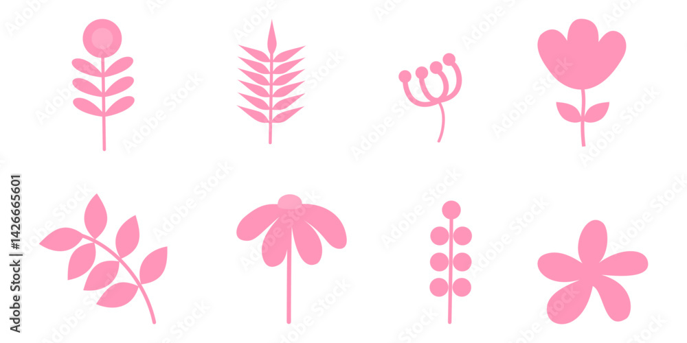 Obraz premium Collection of spring pink flower elements vector. Set floral of wildflower, leaf branch, foliage on white background. Hand drawn blossom illustration for decor, clipart.