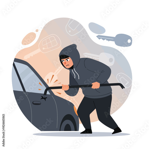 Man wearing hoodie breaking into car with crowbar in urban crime scene vector illustration 