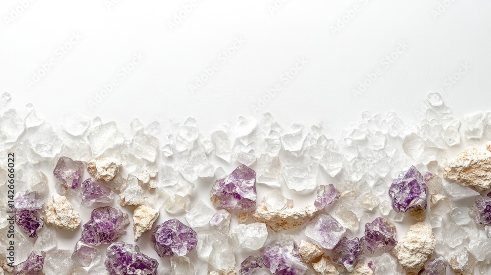 Amethyst and quartz crystals on white background decorative element photography minimalist style Amethyst and quartz crystals on white background decorative element photography minimalist style