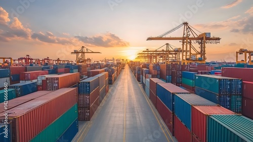 Wallpaper Mural Logistics and Global Shipping Industry with Containers, Cranes, and Port Infrastructure at Sunset Torontodigital.ca