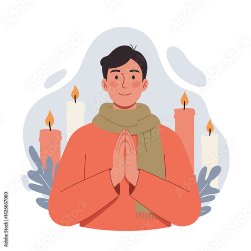 Man in orange sweater with scarf praying with lit candles and foliage background vector illustration for peaceful meditation or spiritual calmness 