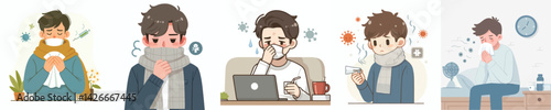 collection of flat design vectors of a young man who is sick with the flu