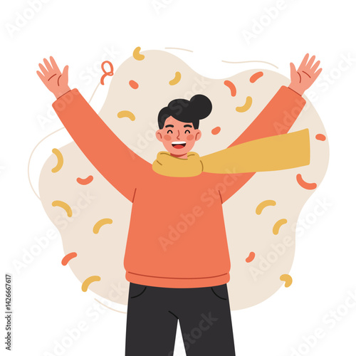 Young woman celebrating with arms raised in orange sweater and yellow scarf vector illustration 