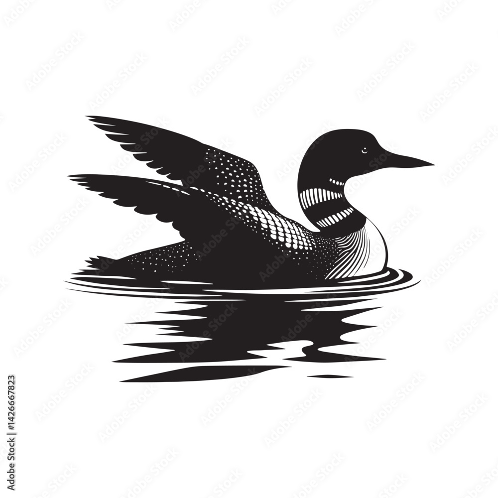 Silhouette of Common loon - Common loon bird Illustration - Common loon bird vector - Black and White Common loon Design. Silhouette of Common loon - Common loon bird Illustration - Common loon bird vector - Black and White Common loon Design.