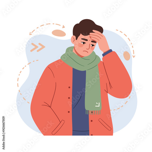 Young man with cold symptoms wearing green scarf and orange coat feeling unwell vector illustration 