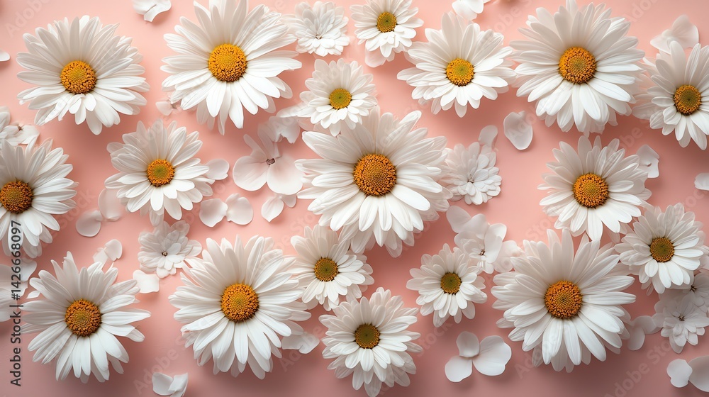 Obraz premium Beautiful flat lay composition of white daisies scatte