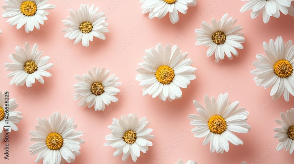 Beautiful flat lay composition of white daisies scatte Beautiful flat lay composition of white daisies scatte
