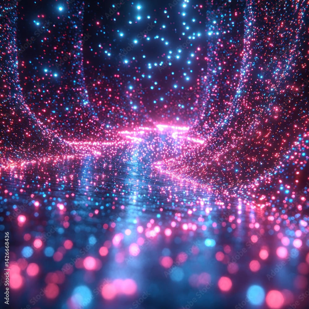 Abstract Glowing Particle Stream with Pink and Blue Lights Effect