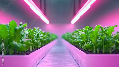 Rows of green leafy plants growing under pink LED lights in a modern, sterile environment. This image is a  symbol of sustainable agriculture, technological advancements, and food security.