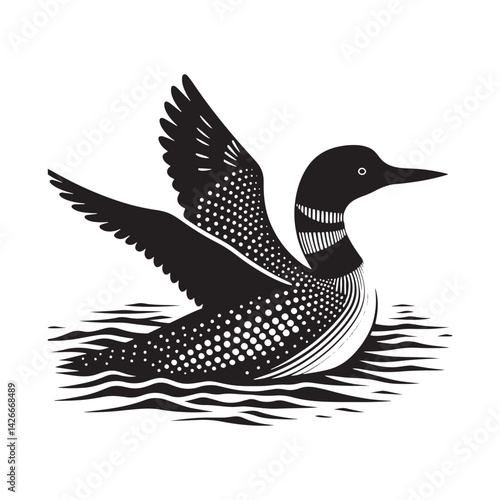 Silhouette of Common loon - Common loon bird Illustration - Common loon bird vector - Black and White Common loon Design.