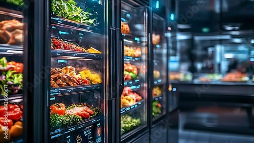 Fresh produce display in refrigerated cabinets in modern supermarket. showcasing delicious and colorful vegetables and fruits. 