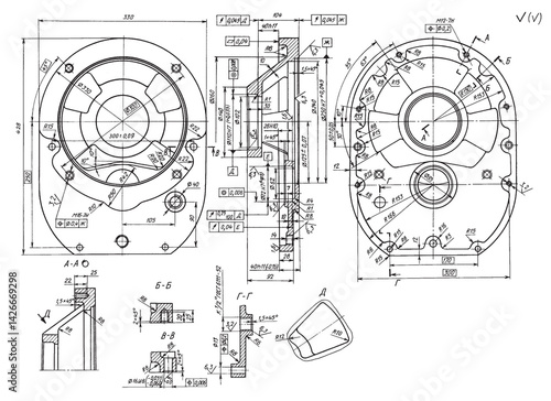Gearbox cover with threaded bolts.
Engineering mechanical drawing of steel device
with dimension lines. Industrial 
cad scheme on white paper sheet. Technology background
of machine building industry.