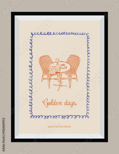 La Dolce Vita illustrations with an aesthetic quote in a poster frame. Sketch style doodles.