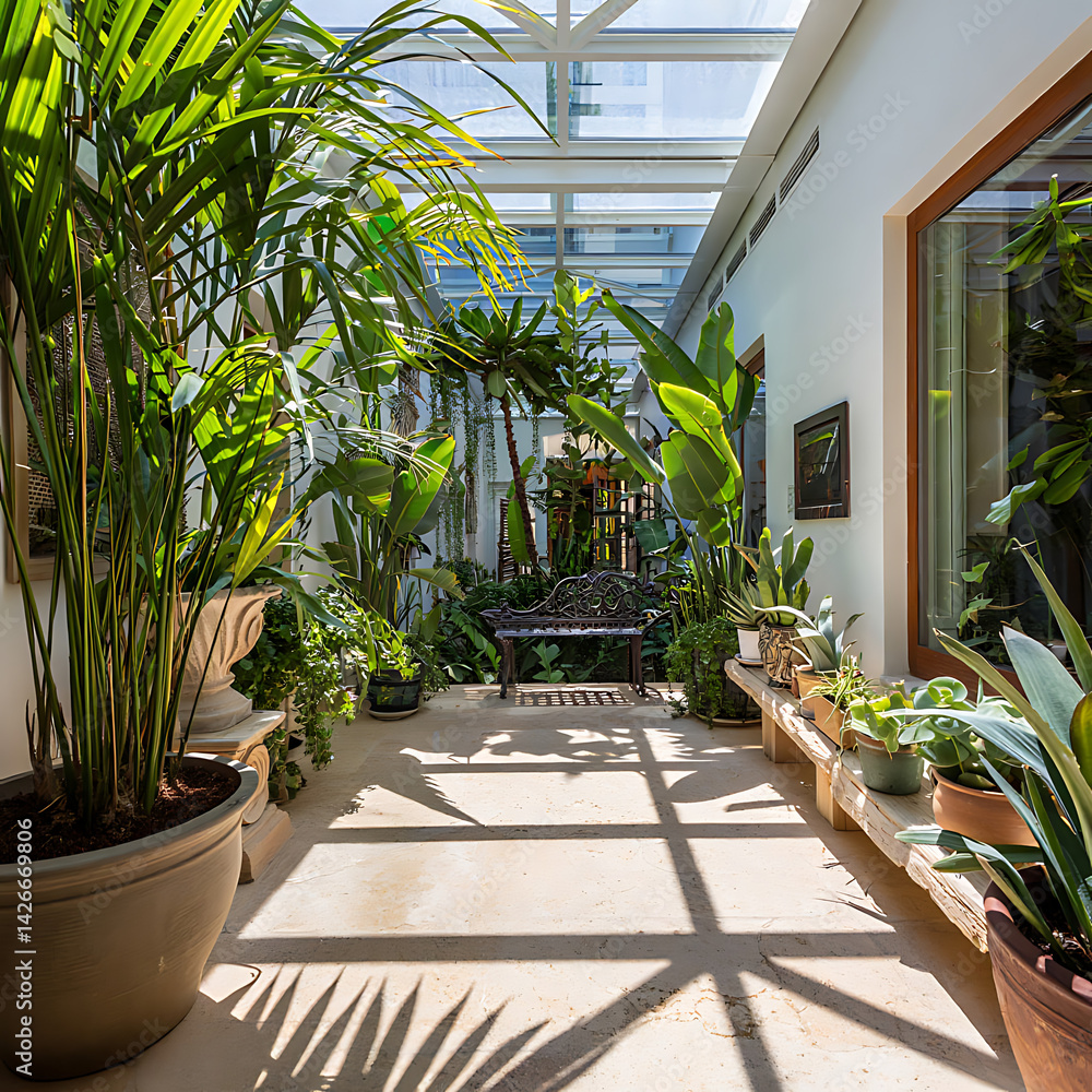 Fototapeta premium Soft Light and Gentle Shadows Illuminate a Peaceful Indoor Garden with Lush Tropical Plants, Creating a Tranquil Escape in a Cozy Space