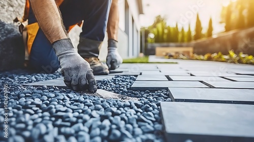 Landscaping contractor carefully installs paving stones.