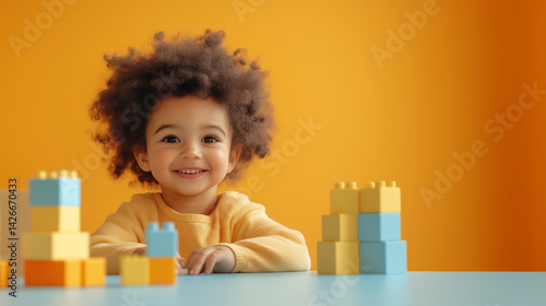 A young African child, 2-4 years old, sitting at a table with yellow and blue blocks, wearing a yellow top on an orange background. Ideal for kids' toy promotions.