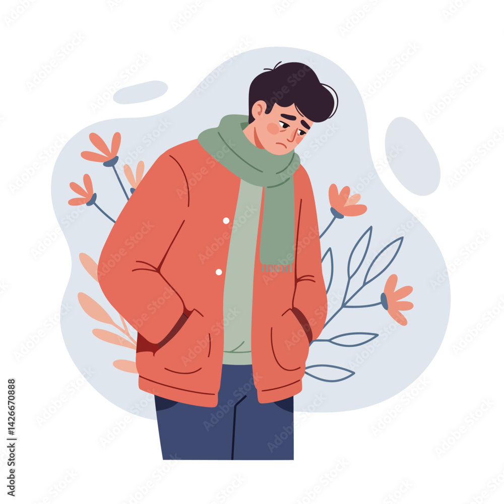 Young man in orange jacket and green scarf feeling thoughtful outdoors with floral background vector illustration Young man in orange jacket and green scarf feeling thoughtful outdoors with floral background vector illustration