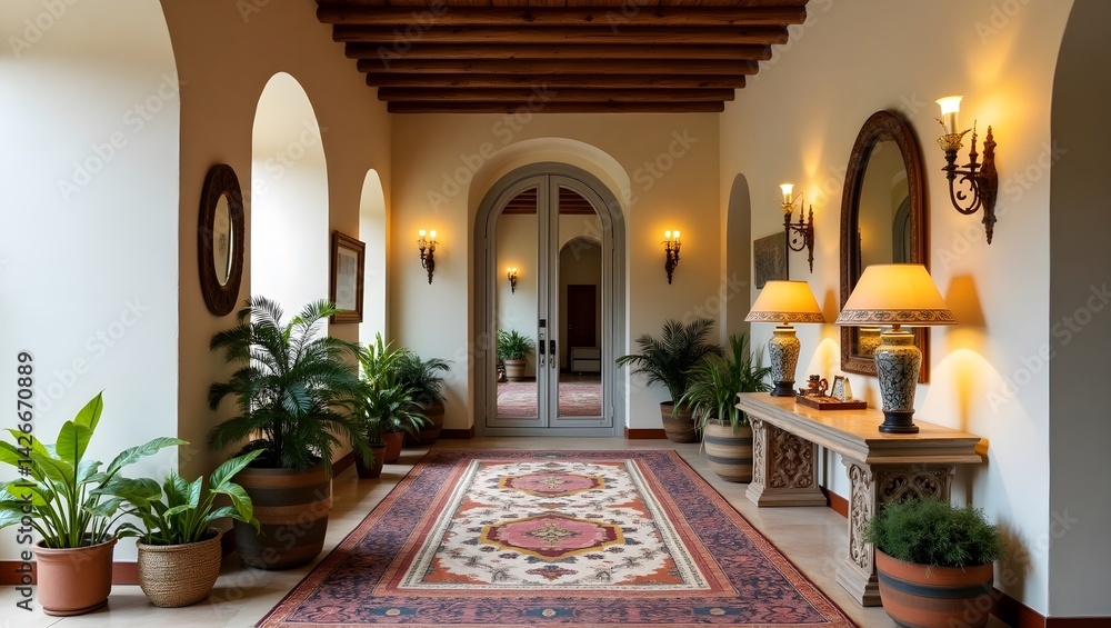 Boho entrance with mirror wall and patterned rug.