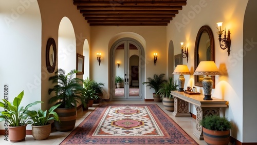 Obraz na płótnie Boho entrance with mirror wall and patterned rug. w salonie