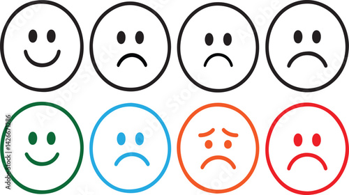 Simple rating scale with smiley faces showing different emotions icon vector on white background