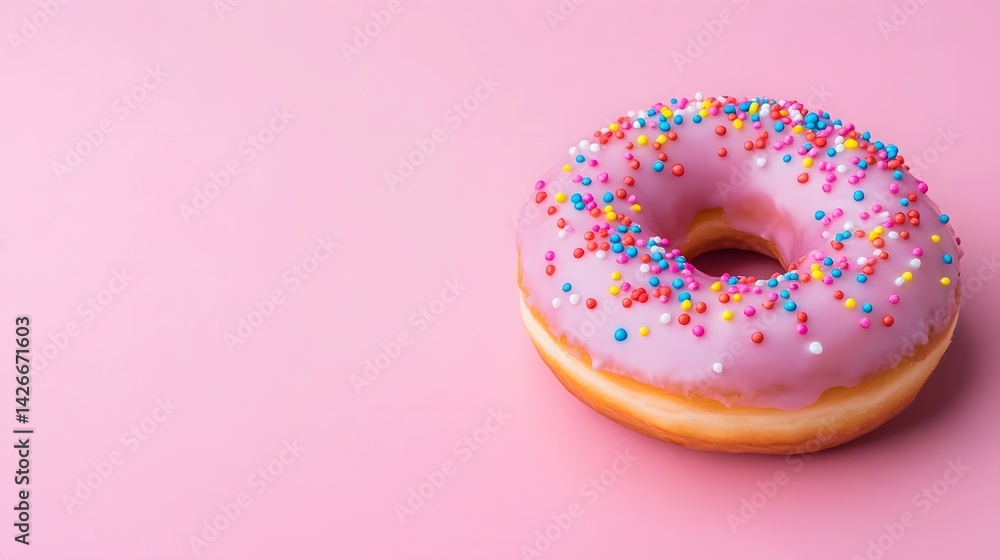 Vibrant Pink Glazed Donut with Colorful Sprinkled Toppings, Sweet Dessert Concept Vibrant Pink Glazed Donut with Colorful Sprinkled Toppings, Sweet Dessert Concept