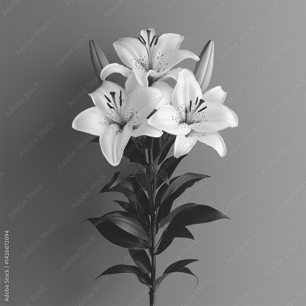 Elegant White Lily Bouquet with Buds on Gray Background Still Life