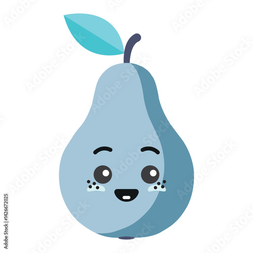 Stylized flat vector illustration of a blue pear with kawaii eyes . Eye-catching and creative fruit design in modern colors, perfect for branding, packaging, food blogs, web and print design.