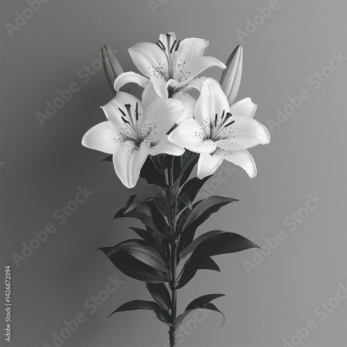 Obraz na płótnie Elegant White Lily Bouquet with Buds on Gray Background Still Life w salonie