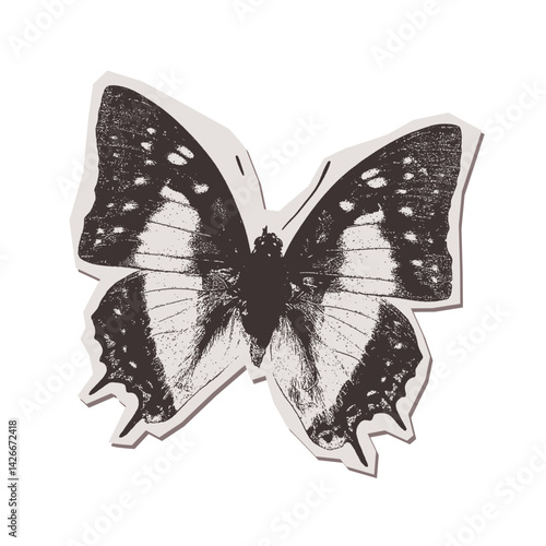 Butterfly isolated torn put paper sticker in stippling halftone collage style. Pop art illustration. Vector png.