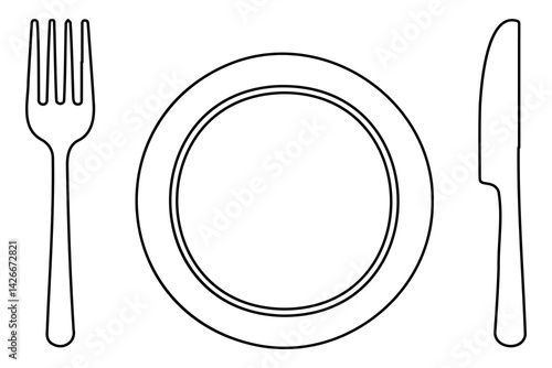 Continuous one line drawing of knife, plate, spoon and fork outline Vector Illustration