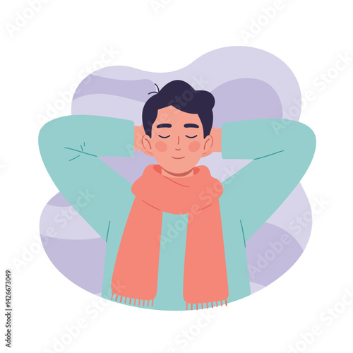 Relaxed young man enjoying calm moment with scarf and casual sweater in peaceful indoor setting vector illustration 
