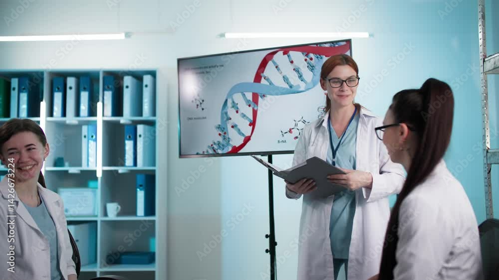 medical research, professional young female medical staff discussing cutting-edge genetic research and molecular biology results in laboratory room medical research, professional young female medical staff discussing cutting-edge genetic research and molecular biology results in laboratory room