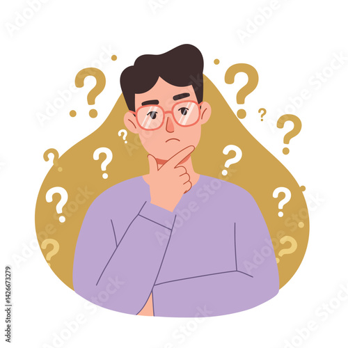 Young man thinking with question marks around head in purple sweater vector illustration 