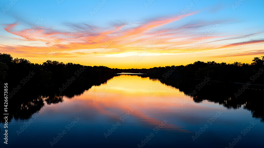 Obraz premium Reflective River Sunset With Silhouetted Trees