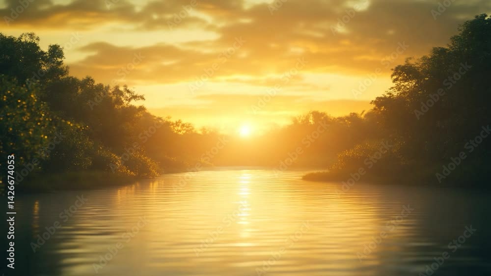 Serene sunset over a tranquil river, surrounded by lush greenery and wildlife Serene sunset over a tranquil river, surrounded by lush greenery and wildlife