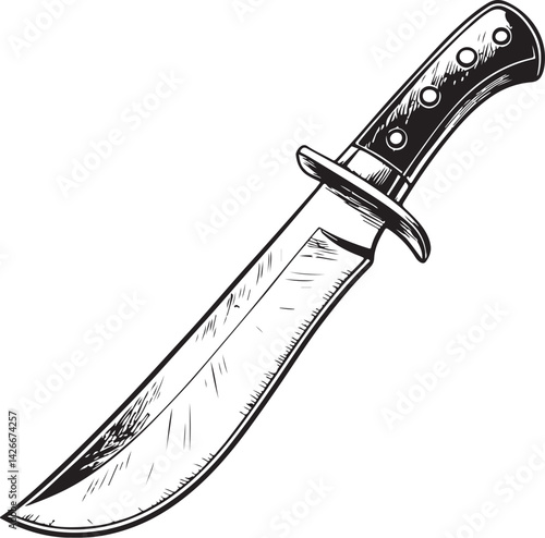 Machete Cold Weapon Black and White Vector Illustration, Sketch Drawing Line Linear Symbol Icon Engraving, Hand-drawn Isolated