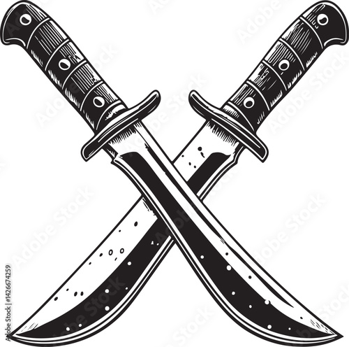 crossed machetes Black and White Vector Illustration, Sketch Drawing Line Linear Symbol Icon Engraving, Hand-drawn Isolated