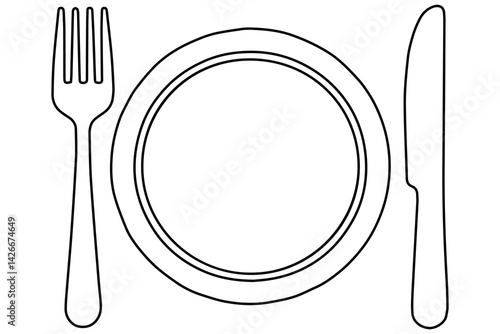 Continuous one line drawing of knife, plate, spoon and fork outline Vector Illustration