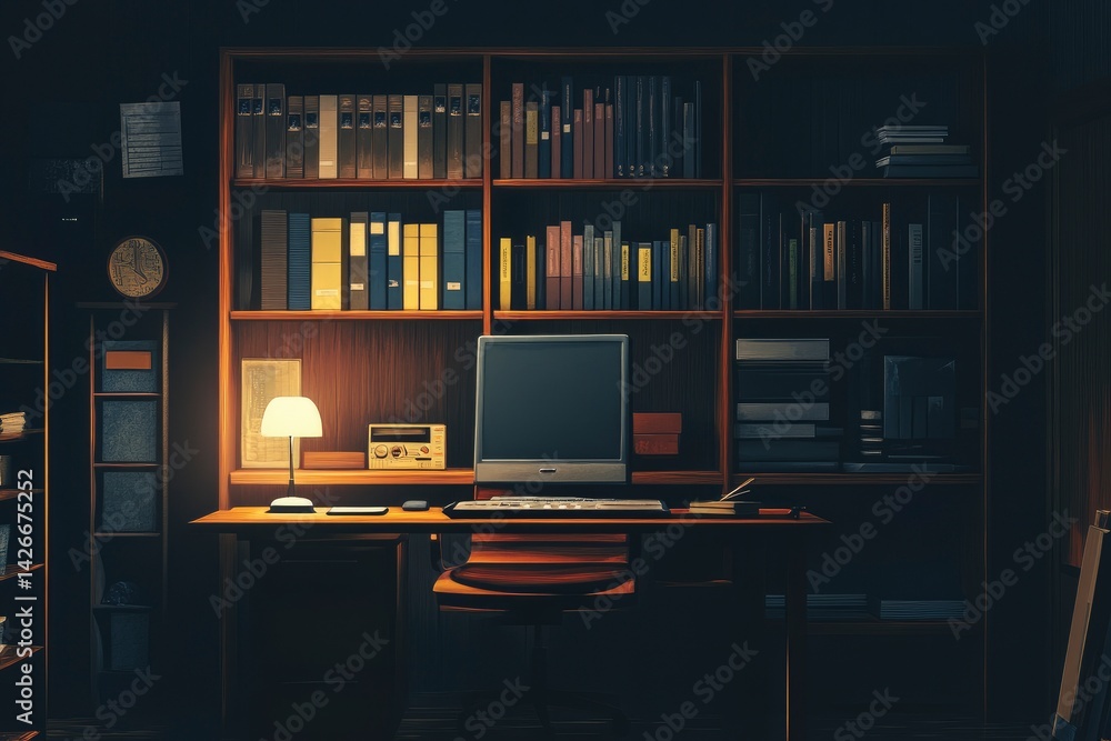 Quiet Study: A dimly lit workspace with bookshelves and a vintage computer Quiet Study: A dimly lit workspace with bookshelves and a vintage computer