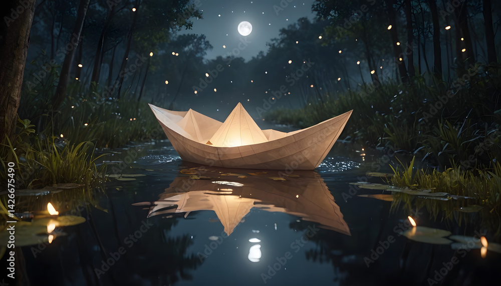 Naklejka premium Serene Night Setting with Paper Boat and Illuminated Moonlit Stream
