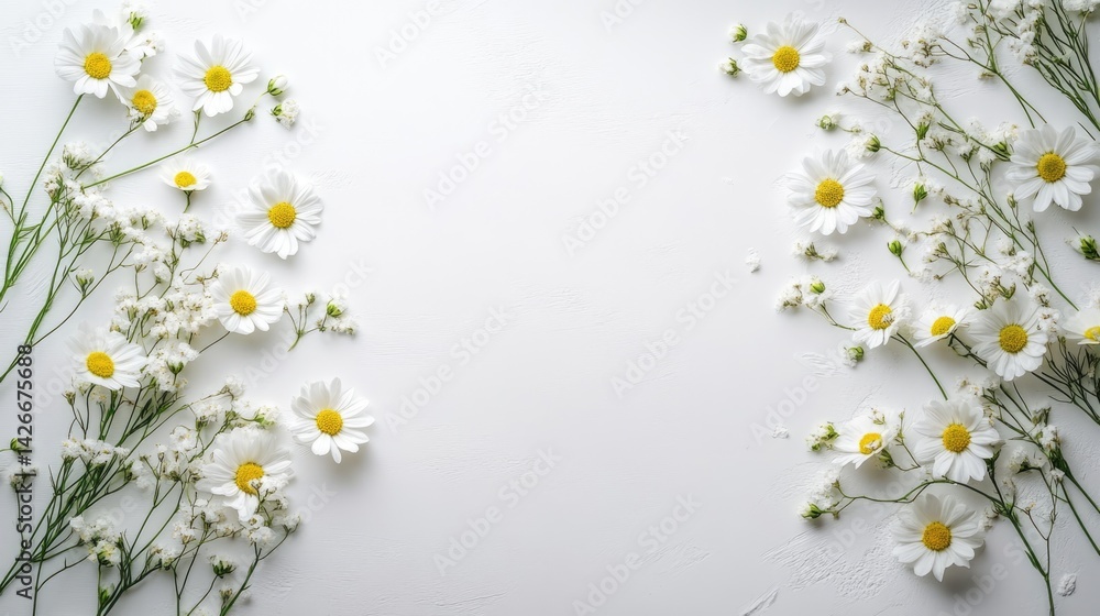 Fototapeta premium Delicate white flowers arrangement on pure white background nature photography minimalist style
