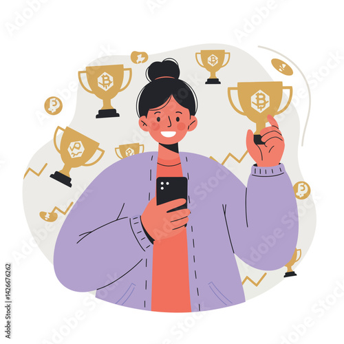 Young woman holding smartphone celebrating financial success with trophy symbols and coins illustration in digital style 