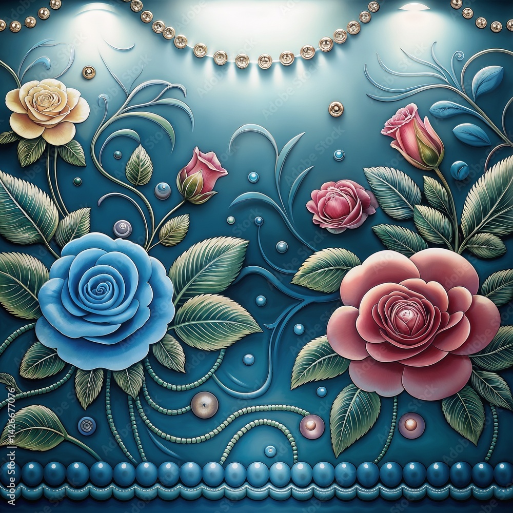 Elegant floral relief design with colorful roses on blue background -