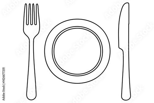 Continuous one line drawing of knife, plate, spoon and fork outline Vector Illustration