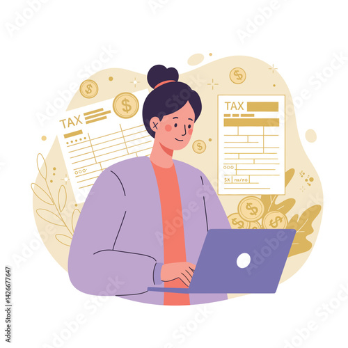 Woman calculating tax payments on laptop with financial documents and money symbols in background vector illustration 