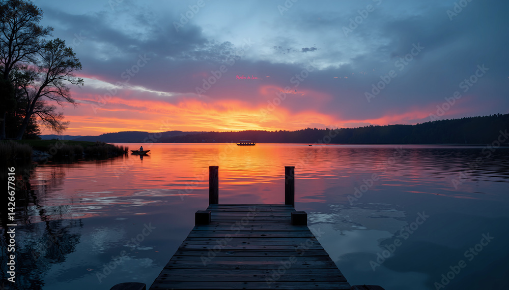 Obraz premium Tranquil lake sunset landscape at a wooden dock 